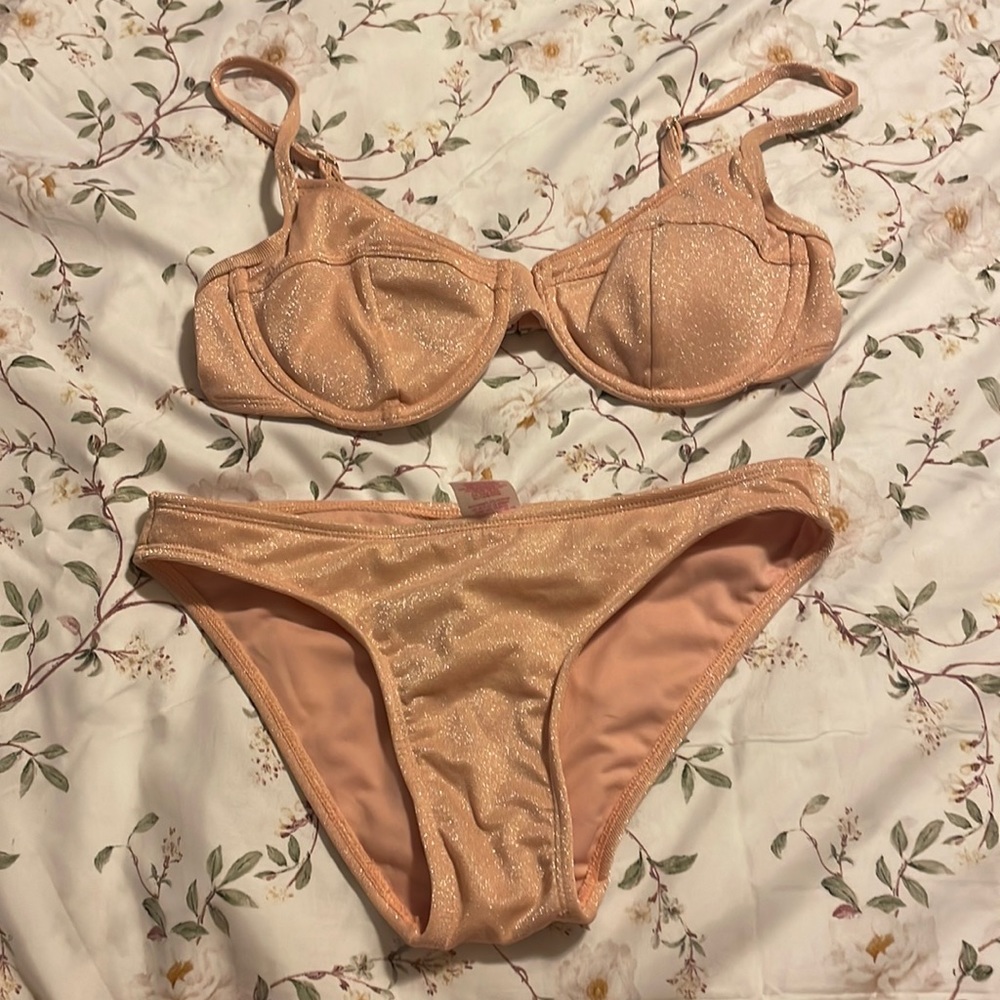 two piece pink sparkly bikini set